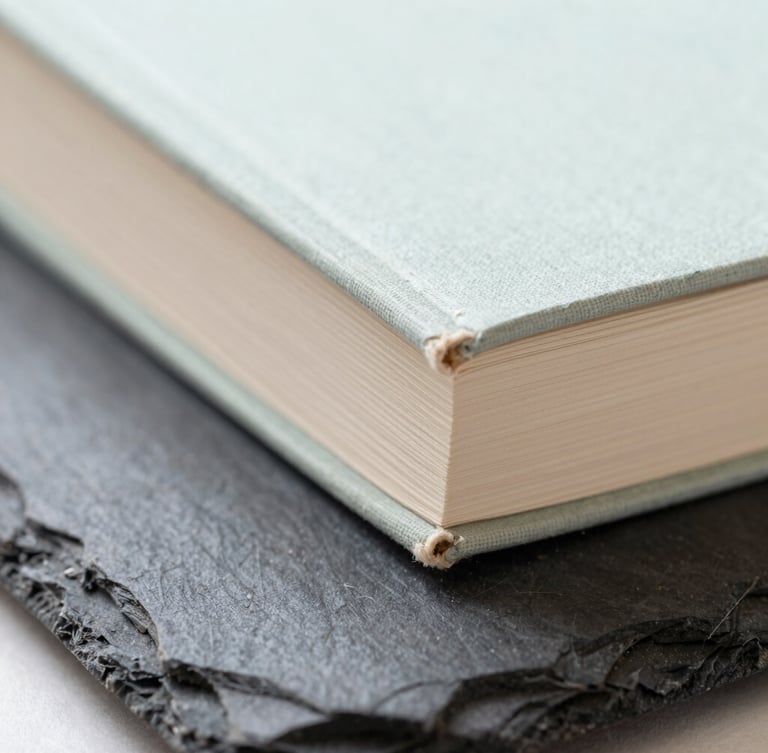 Close-up of a minimalist book spine bound in rough linen, resting on a dark slate surface, soft natural side-light, macro detail.