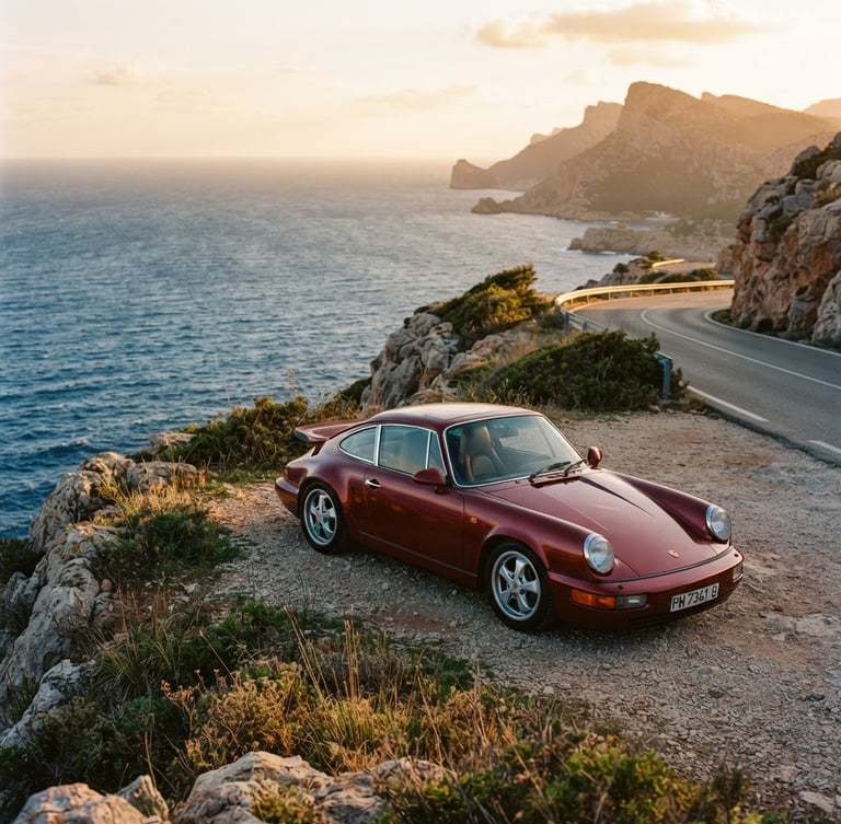Sleek sports car parked on a coastal cliff in Mallorca at golden hour, deep blue sea in background, warm 35mm film style