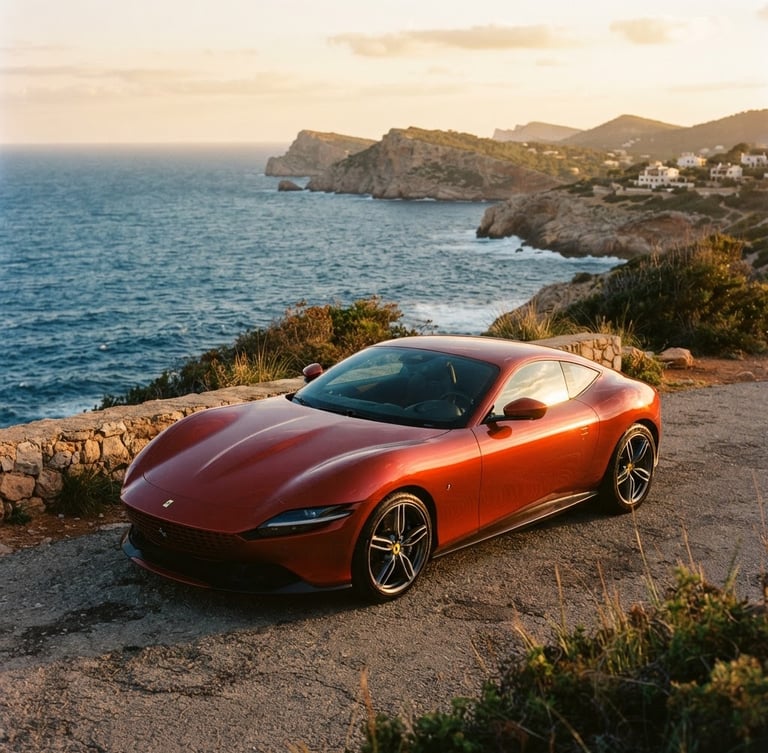 Sleek modern sports car parked on a Mallorcan coastal cliff at golden hour, deep blue sea in the background, warm light reflecting on the metallic paint, 35mm film style.