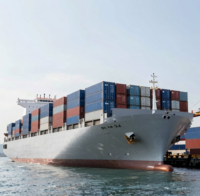 Wide-angle industrial logistics shot of a large container ship being loaded with blue and red shipping containers at a busy Hong Kong port, bright morning daylight