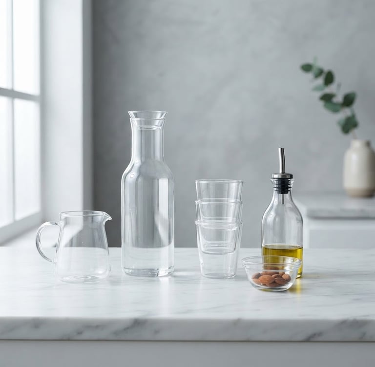Minimalist high-end glass kitchenware arranged on a clean marble counter in bright morning daylight, crisp reflections, cool gray background, professional product photography