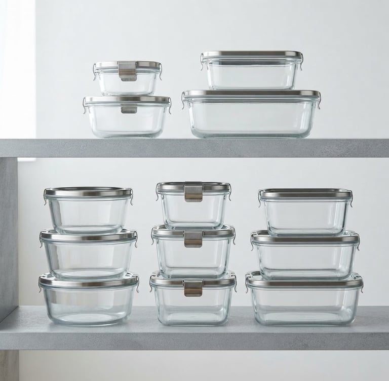 Pristine glass kitchenware containers stacked neatly on a cool gray shelf, bright studio lighting with crisp reflections
