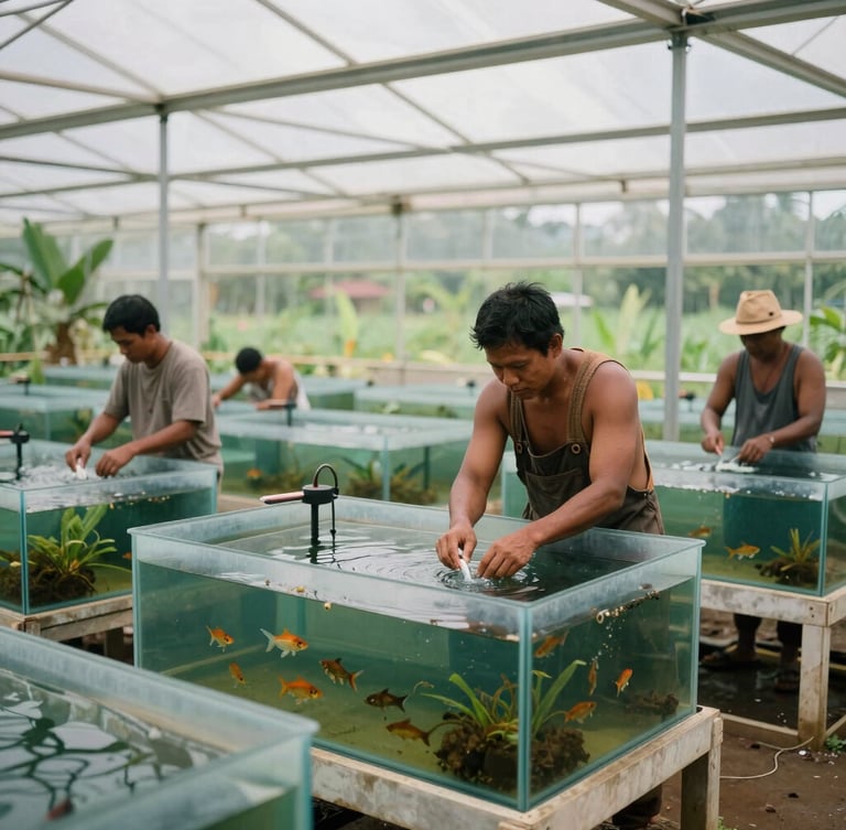 Modern bioflok fish tanks in a clean greenhouse, indigenous Papuan farmers checking water quality, natural diffused lighting, realistic documentary photography