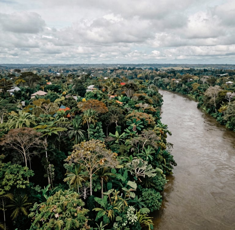 Wide panoramic aerial shot of lush tropical rainforest in Mimika, Papua, with a winding river on the right, soft overcast daylight, documentary photography style.