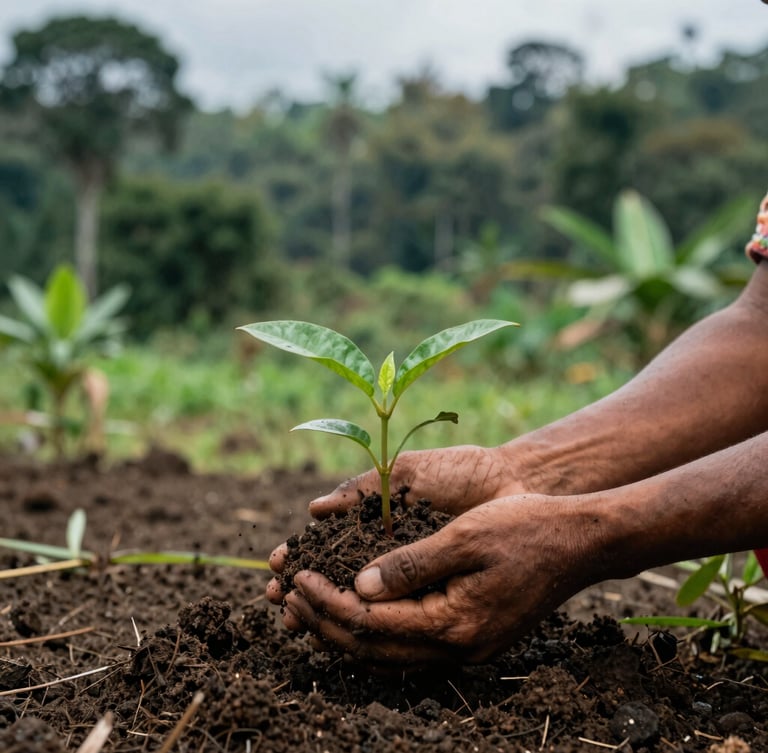 A close-up of fertile dark soil of Papua being held by indigenous hands, planting a young green sprout, natural overcast daylight, rich forest green background, documentary style