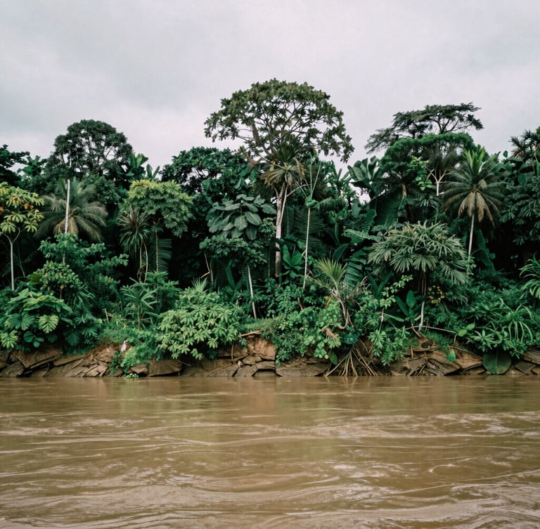 Wide environmental landscape of Mimika forest and river, soft overcast daylight, documentary photography, rich earthy greens, deep soil tones, cinematic film look