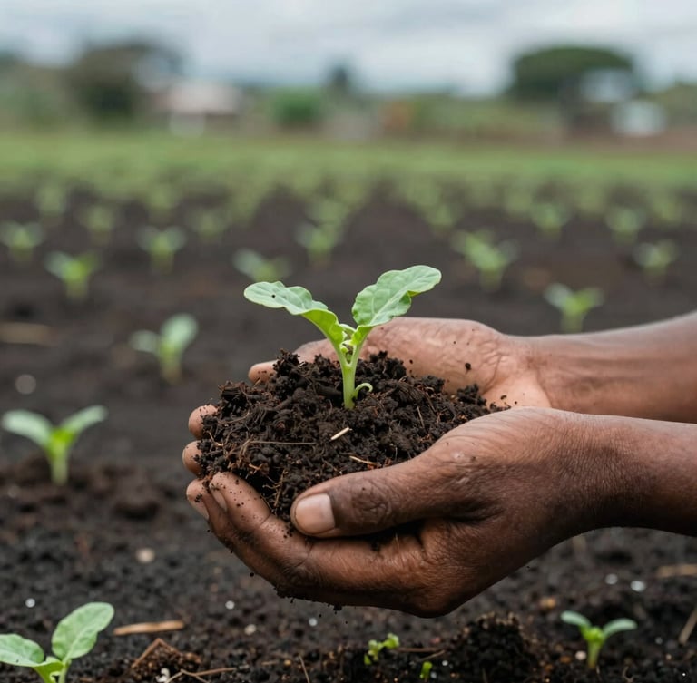 Close-up of hands holding rich dark volcanic soil in Papua, with small green vegetable sprouts growing, natural diffused daylight, documentary photography.