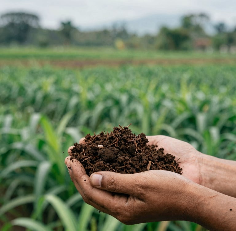 Close-up of rich dark Papuan soil held in hands, with lush green agricultural foliage in the background, soft natural daylight, documentary style