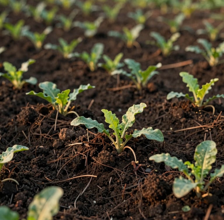 Close-up of rich dark Papuan soil with green vegetable sprouts growing, warm golden hour sunlight, documentary photography style