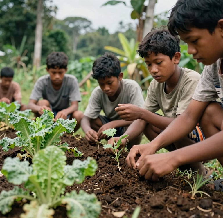 Close-up of young Papuan agricultural students examining rich soil and local vegetable crops, diffused natural jungle daylight, documentary style