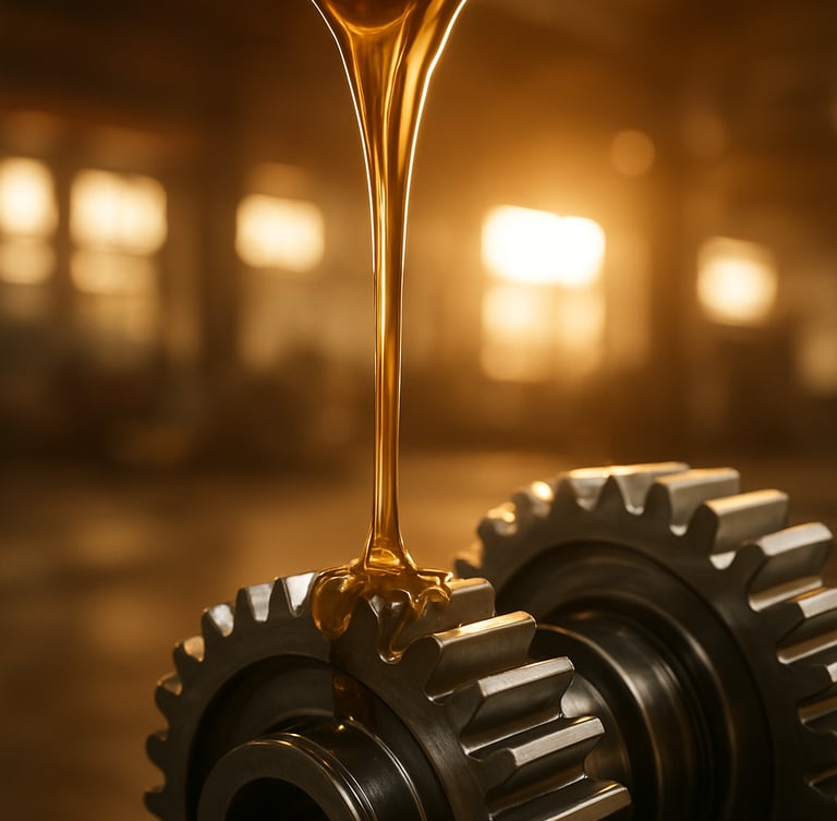 Warm backlit golden engine oil pouring smoothly into pristine steel gears, shallow depth of field, industrial warehouse setting, 35mm