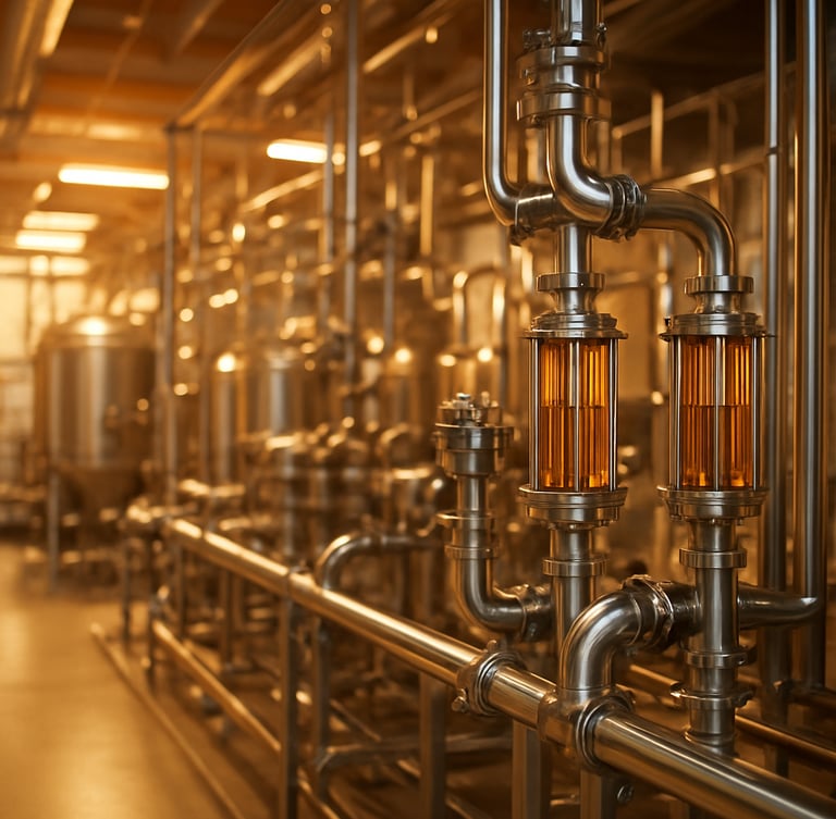 Wide environmental shot of a pristine, modern automated lubricant blending facility with stainless steel pipelines and amber fluid indicators, warm studio lighting