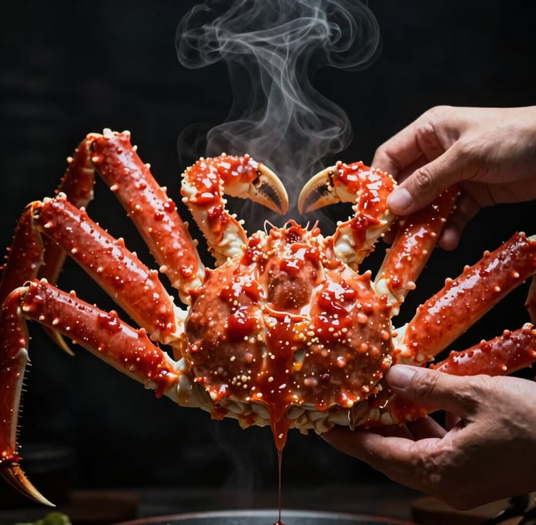 Macro action shot of hands cracking open a massive glistening king crab leg, thick red garlic butter sauce dripping down, steam rising under high-contrast dramatic spotlighting, dark moody background, 35mm