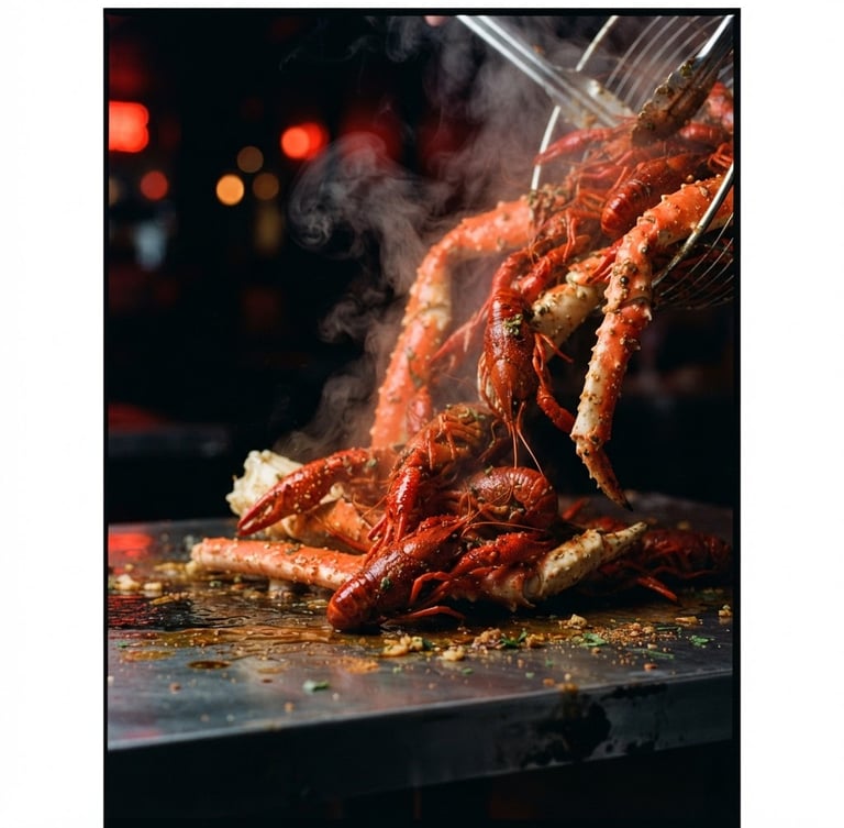 Dramatic close-up of steaming red crawfish and king crab legs being poured onto a dark metal table, glistening chili oil, neon red lighting, steam rising, shallow depth of field, 35mm