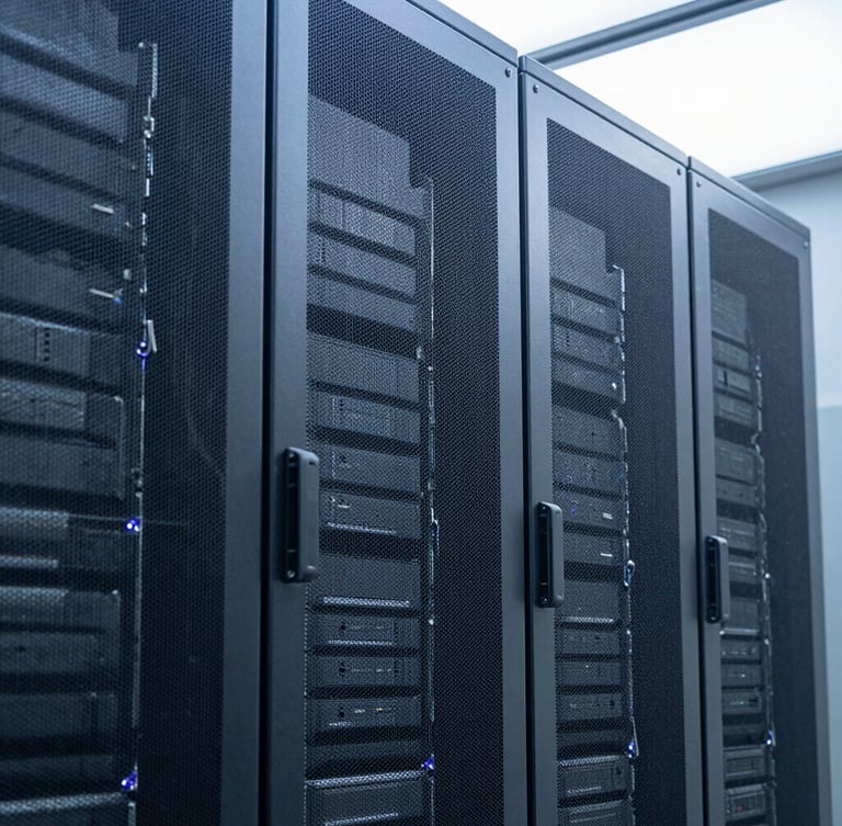 Crisp architectural photography of a secure modern server facility, cool daylight filtering through glass, deep blue and metallic gray tones, sharp focus, 35mm