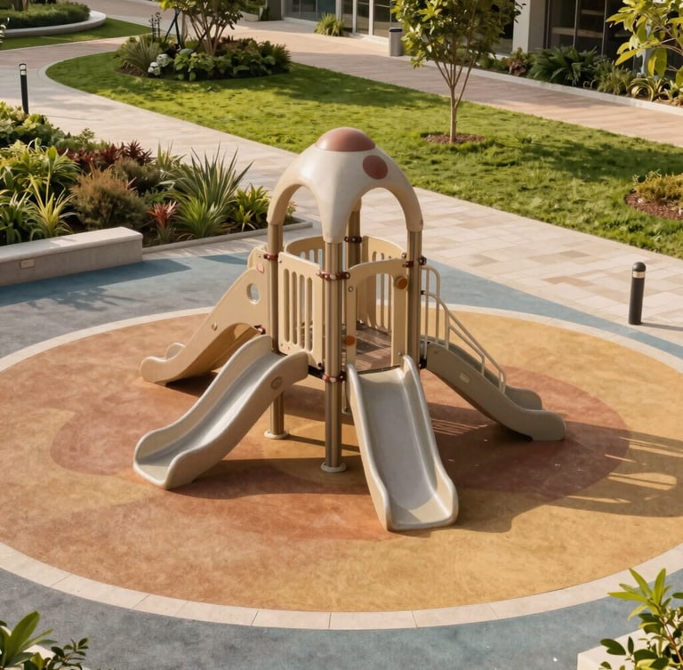 Warm architectural photography of a bright, modern children's playground surrounded by green lawns and pedestrian paths, natural afternoon light, 35mm lens.