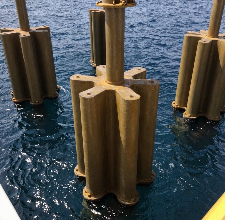 Close-up of industrial marine engineering equipment, heavy steel piles being positioned in deep navy water, bright daylight, sharp focus