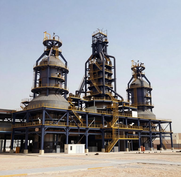 Wide-angle architectural photograph of a massive industrial manufacturing plant in Abu Dhabi, sharp geometric steel structures, bright desert daylight, clean composition