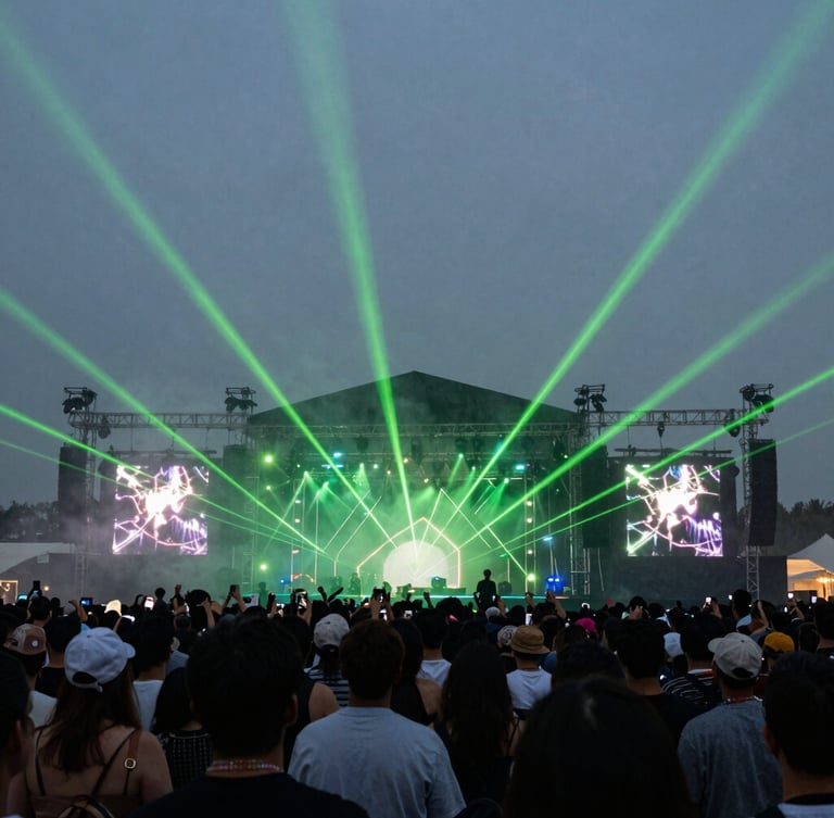 Wide-angle perspective of a dark festival stage, sharp geometric electric-green laser beams cutting through heavy haze over a silhouetted crowd.