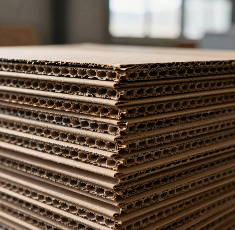 Macro detail shot of stacked raw corrugated cardboard and premium kraft paperboard sheets in an industrial warehouse, high-contrast workshop lighting, sharp textures.