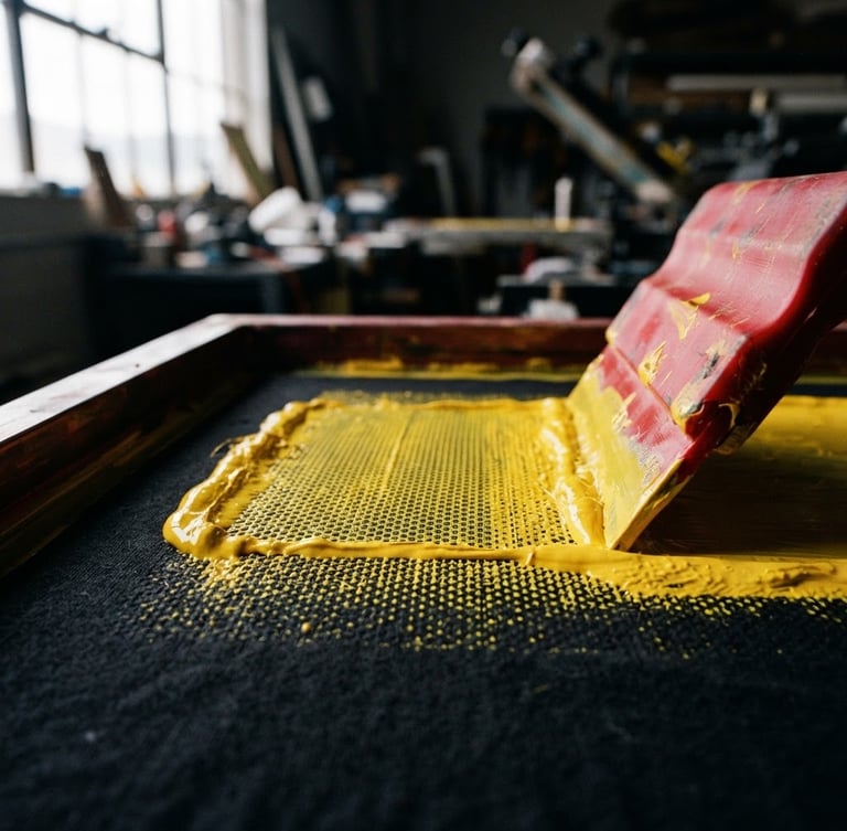 Macro detail shot of bright yellow ink being pressed through a screen-printing mesh, high-contrast workshop lighting, sharp textures, 35mm