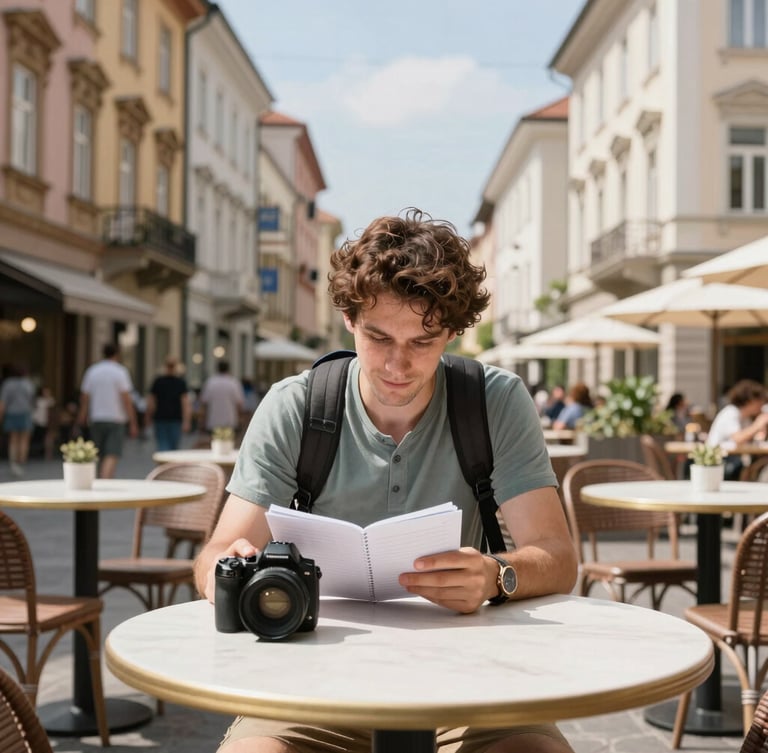 Bright, natural daylight portrait of a traveler sitting at a clean cafe table in a foreign city, reviewing notes, 35mm lens, realistic colors