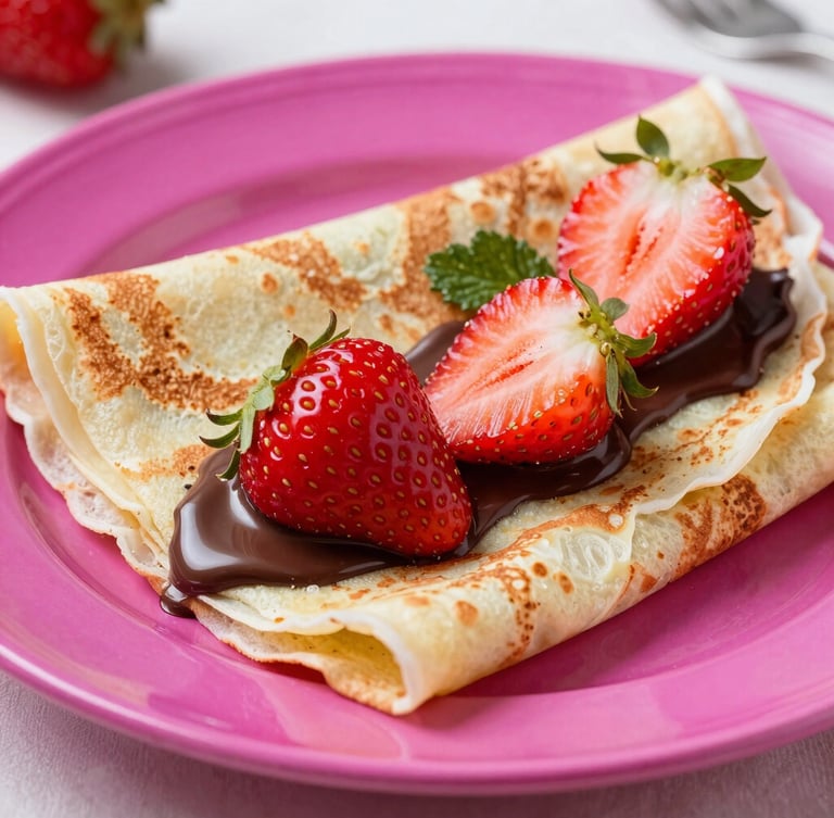 Tight macro shot of a freshly folded crepe topped with melting chocolate and seasonal strawberries, bright natural daylight, vibrant magenta accents, shallow depth of field