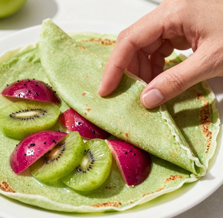 Close-up of hands carefully folding a fresh crepe topped with seasonal fruit, bright natural daylight, vibrant green and magenta details, 50mm