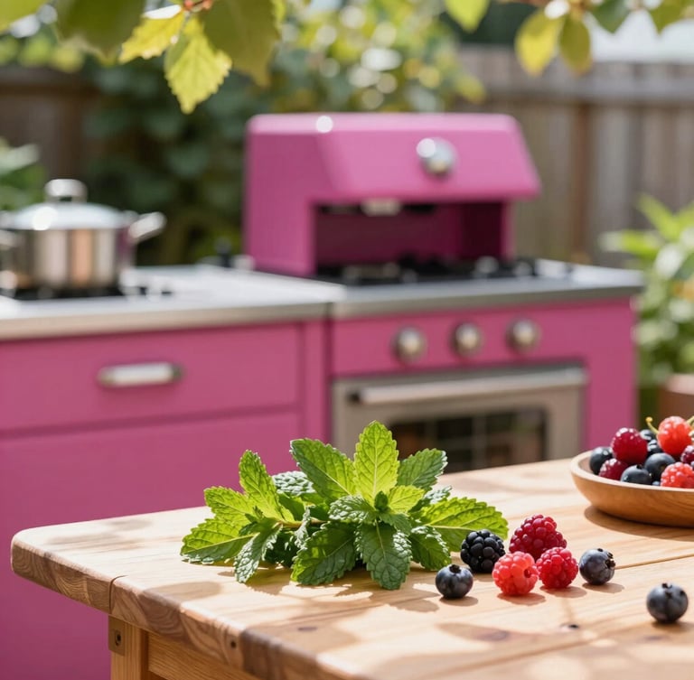 A vibrant outdoor kitchen setup in a local social garden, fresh mint and berries on a wooden table, bright sunbeams filtering through leaves, shallow depth of field