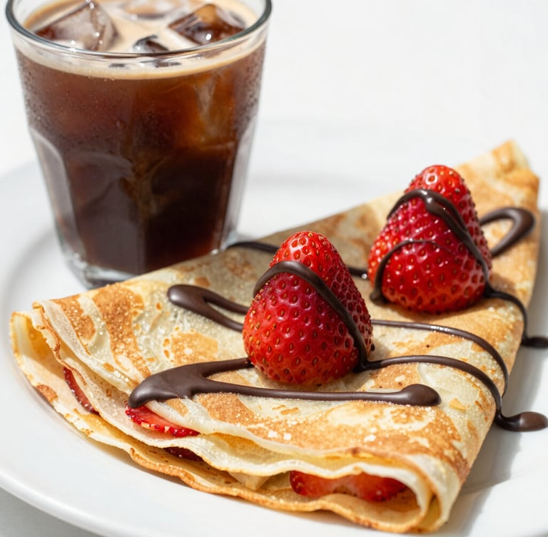 Macro shot of a freshly folded golden crepe topped with fresh strawberries and chocolate drizzle, sitting next to a cold brew coffee with ice cubes, bright daylight.