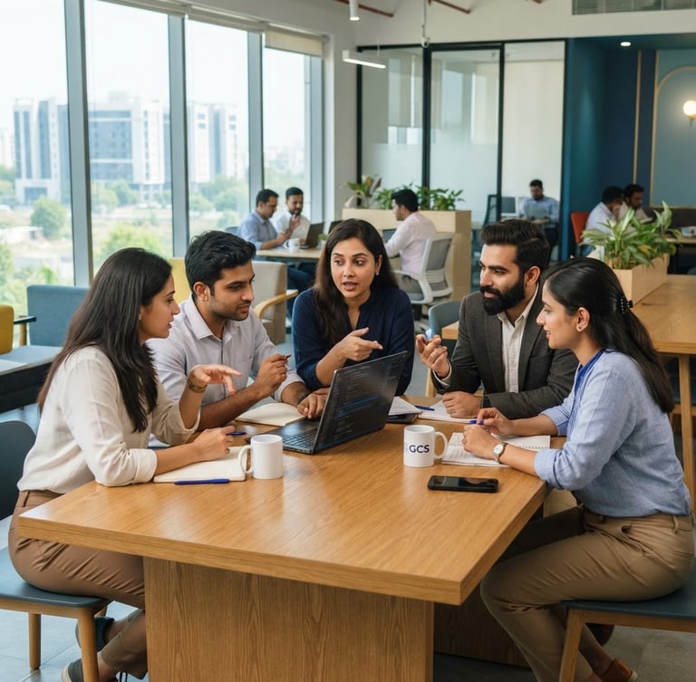 A bright, modern corporate workspace in Ahmedabad with professional Indian developers and compliance experts collaborating around a wooden table, soft architectural sunlight, 35mm.