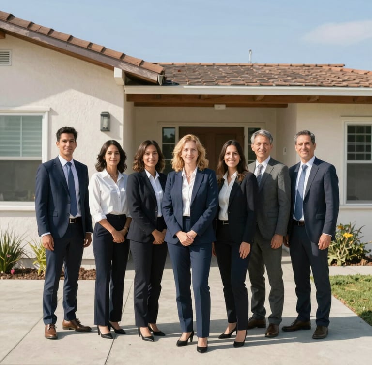 A professional team member in business-casual attire standing outside a mid-century Southern California home, bright natural sunlight, 35mm lens.