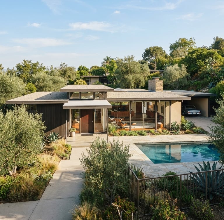 Bright architectural editorial photograph of a mid-century modern Southern California estate in Arcadia, sharp clean lines under bright natural afternoon sunlight, 35mm lens.