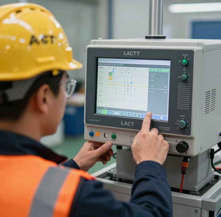 A technician in a high-visibility orange vest and safety helmet calibrating a digital flow computer on a LACT unit, crisp focus on the interface screen, bright natural daylight, industrial background.