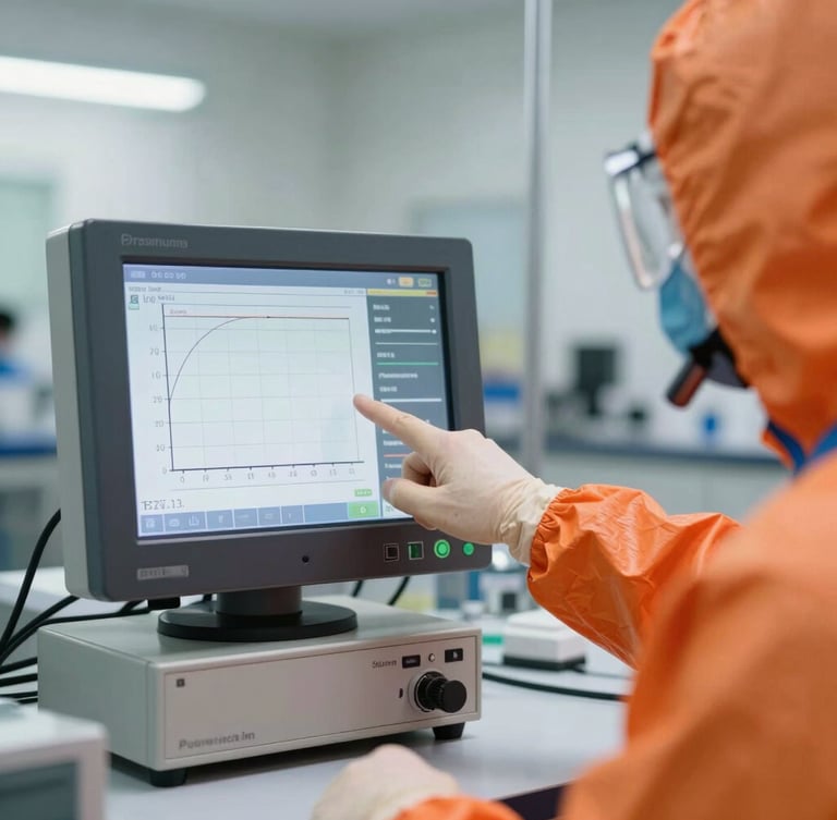 A close-up of an industrial training lab, a technician in orange PPE pointing to a digital flow computer screen showing calibration curves, bright natural light.