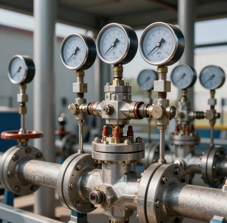 Industrial flow control facility, close-up of high-pressure steel valves and digital calibration meters, bright natural daylight, sharp technical focus.