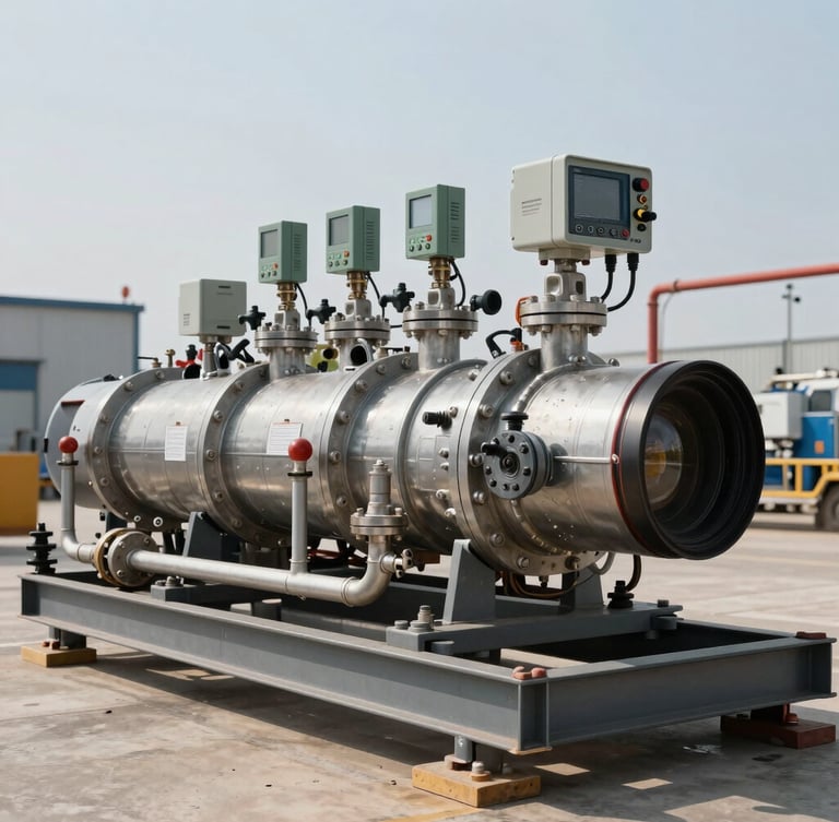 A fully assembled Lease Automatic Custody Transfer unit with steel piping, valves, and digital transmitters on an industrial skid, bright daylight