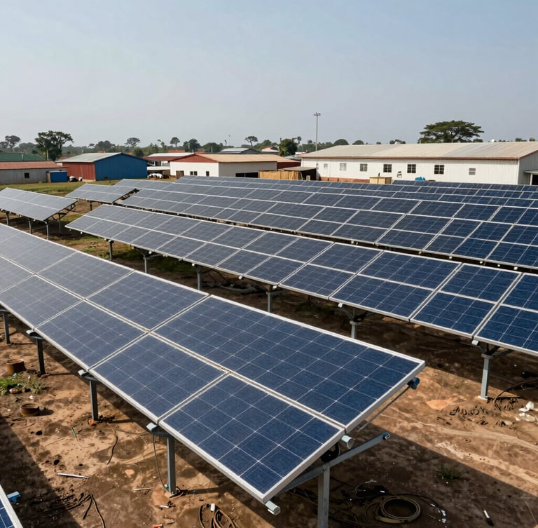 Wide-angle photograph of a commercial solar array integrated into an active West African industrial complex, high-contrast daylight, sharp steel structures.
