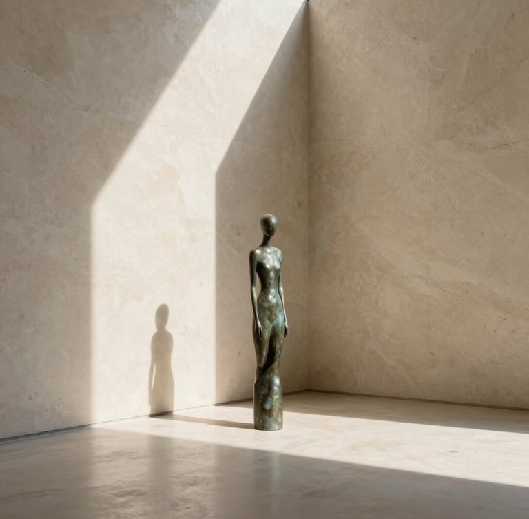 Asymmetric architectural crop of a sun-drenched room with raw travertine walls, soft morning daylight casting long shadows on a single minimalist bronze sculpture.