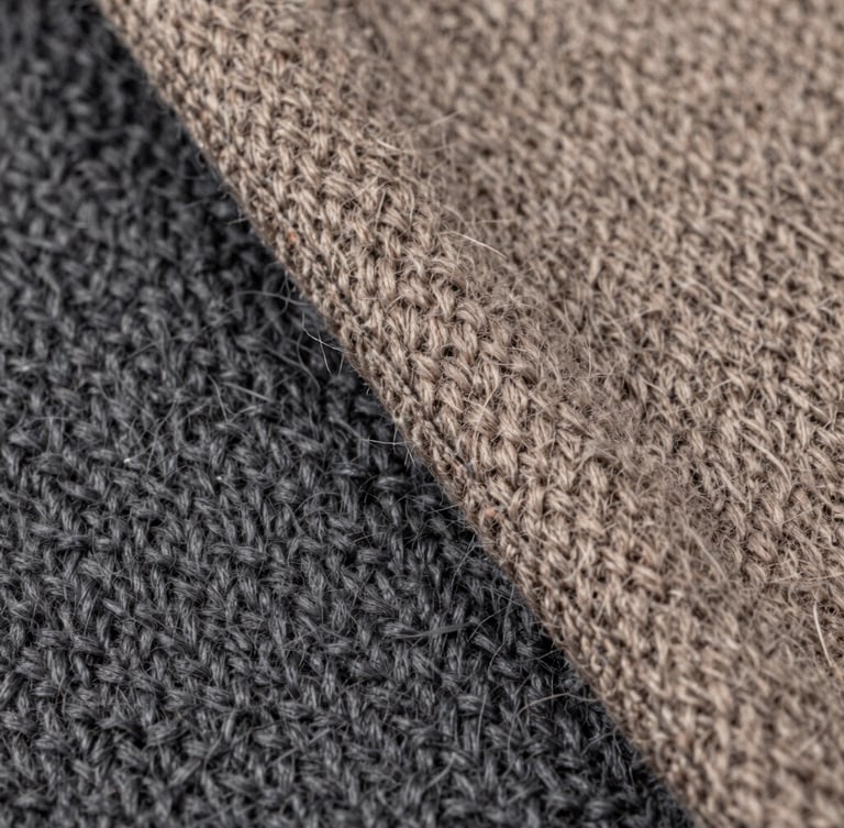Macro detail of a hand-finished double-faced wool seam, soft diffused studio lighting, displaying the intricate weave of charcoal and warm taupe fibers
