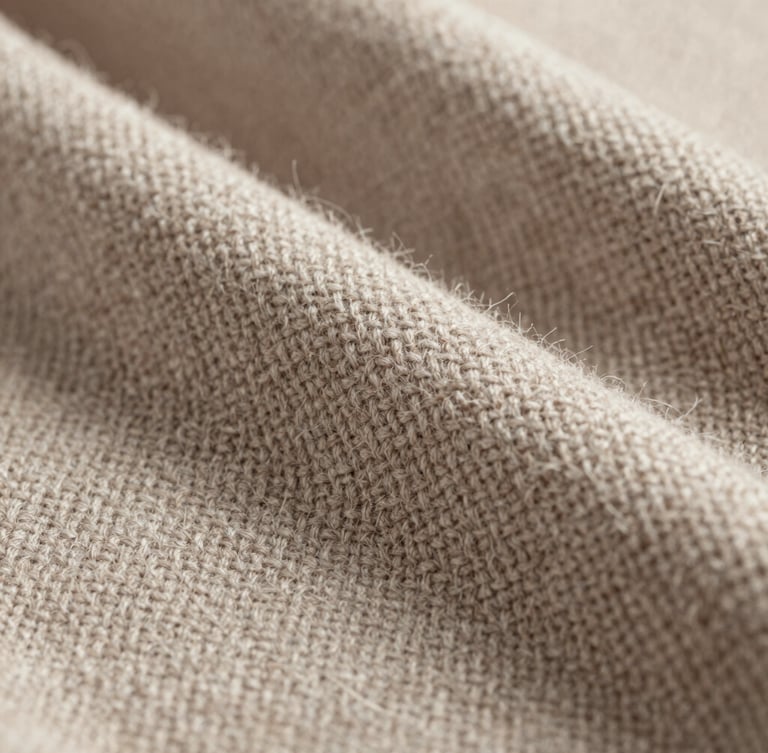Macro close-up of premium woven wool fabric, showing the intricate twill pattern and soft fibers in warm taupe and bone white, diffused studio lighting, shallow depth of field.