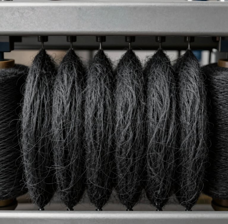 Symmetrical composition of raw charcoal wool fibers being spun on modern, clean industrial machinery, soft lighting highlighting the texture of the charcoal wool thread.