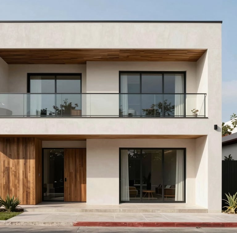 Clean architectural photography of a modern house facade in Morelos, bright natural daylight, sharp focus, professional real estate editorial, 35mm