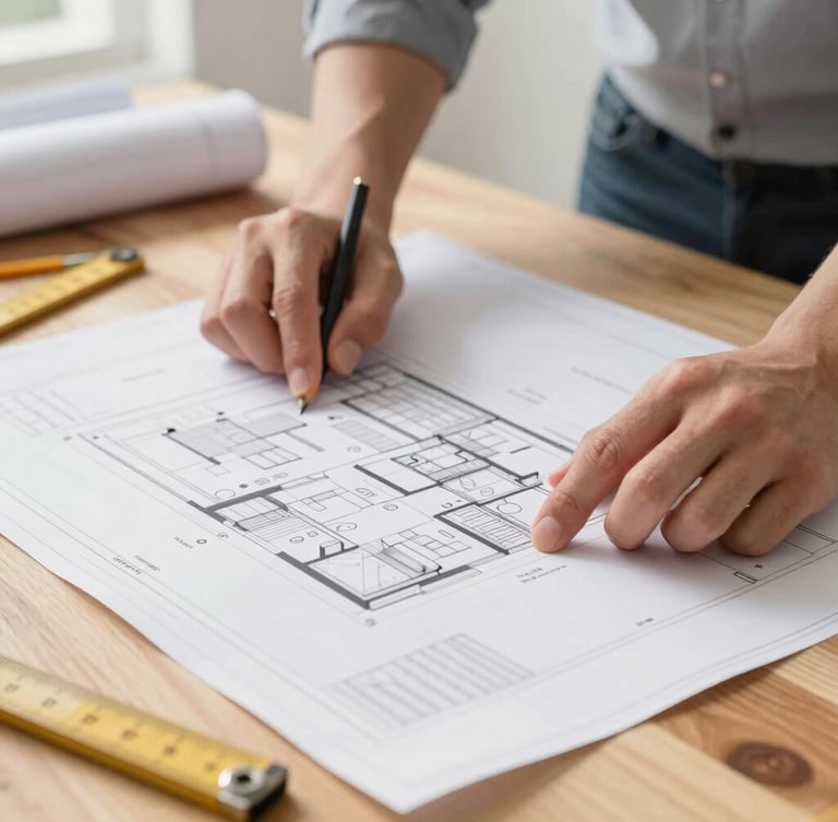 Professional architect reviewing blueprints on a wooden desk with measuring tools, soft natural light, close-up, sharp focus
