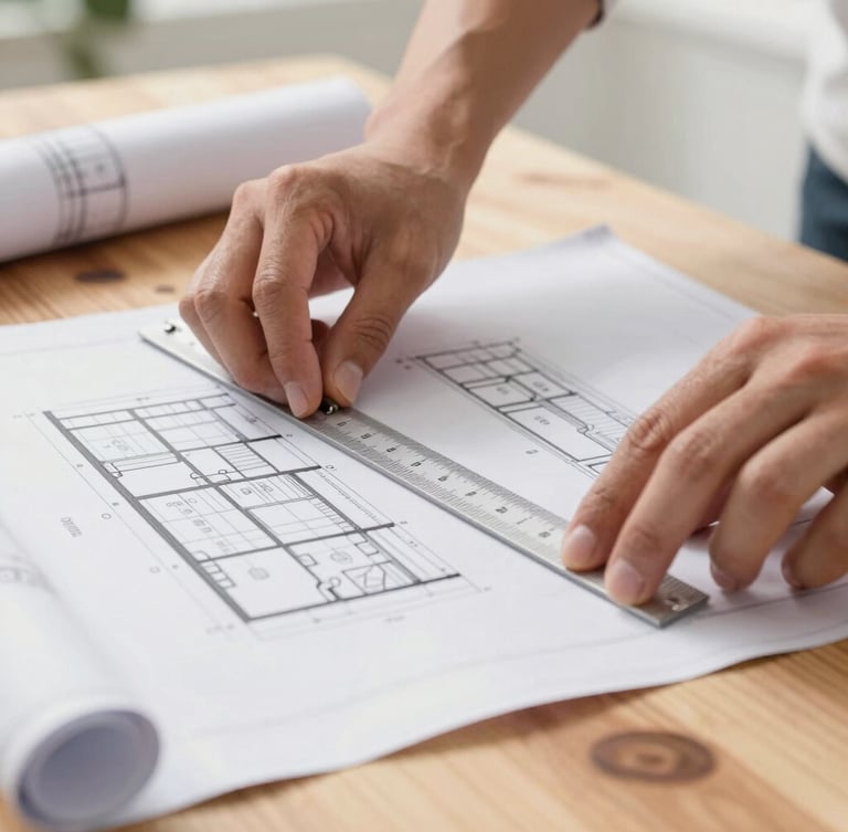 Close-up of hands of an architect measuring a blueprint with a scale ruler on a wooden table, soft natural daylight, sharp focus, real estate editorial