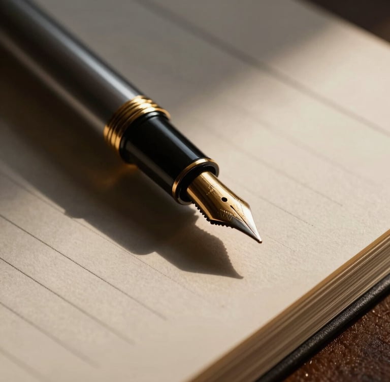 Macro shot of a high-quality fountain pen resting on structured, thick legal document paper. Low-key dramatic side-lighting with deep shadows, high contrast, warm gold undertones, elegant and professional.
