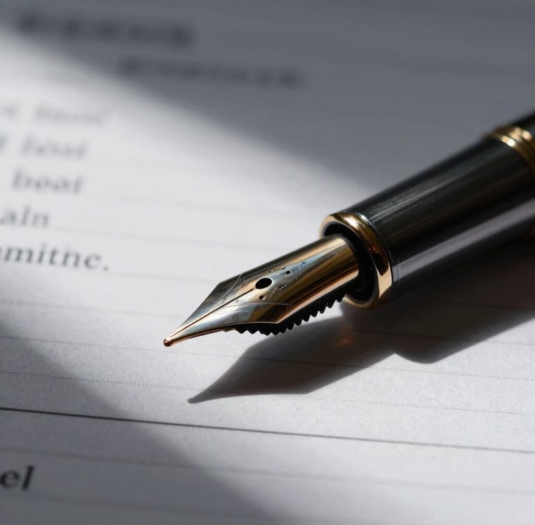 Macro shot of a high-quality fountain pen nib resting on structured legal document paper, deep shadows, dramatic side-lighting, high contrast.