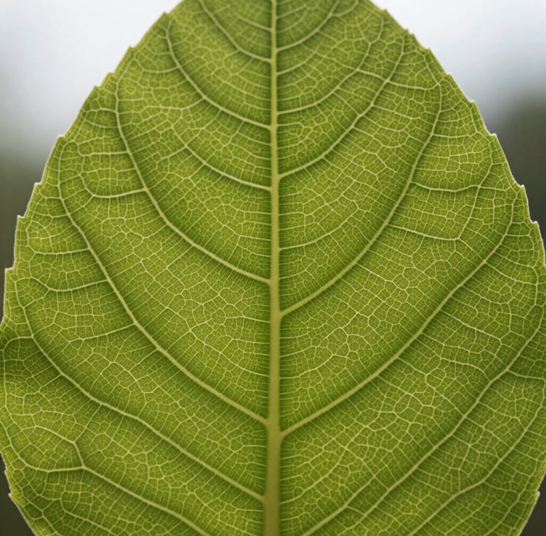Extreme macro close-up of a single leaf vein pattern, back-lit by natural overcast daylight, displaying a clean, geometric branching structure resembling a network diagram.