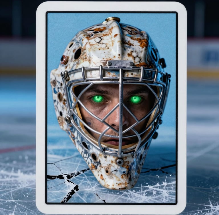 Extreme close-up of a tarot-style hockey card featuring a decaying vintage goalie mask with glowing green eyes, set against cracked dark ice and harsh blue backlighting.