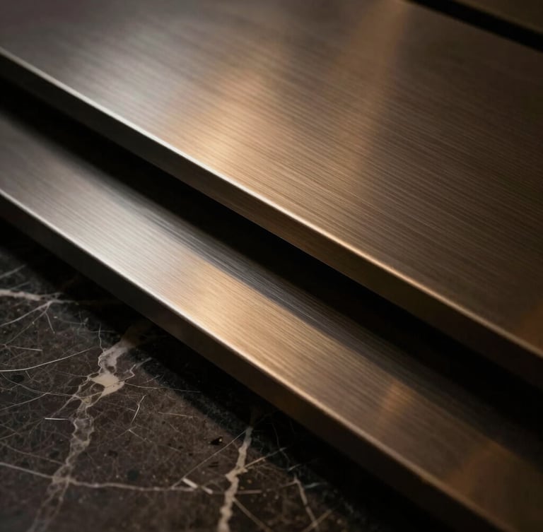 Dramatic low-key close-up of high-end materials like brushed steel and dark marble, sharp architectural focus, 35mm editorial luxury photography
